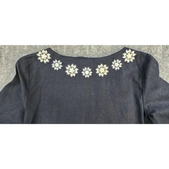 J Crew Top Womens 0 Blue Navy Linen Embroider Sequin Pullover Boho Coastal Y2K - Picture 9 of 12
